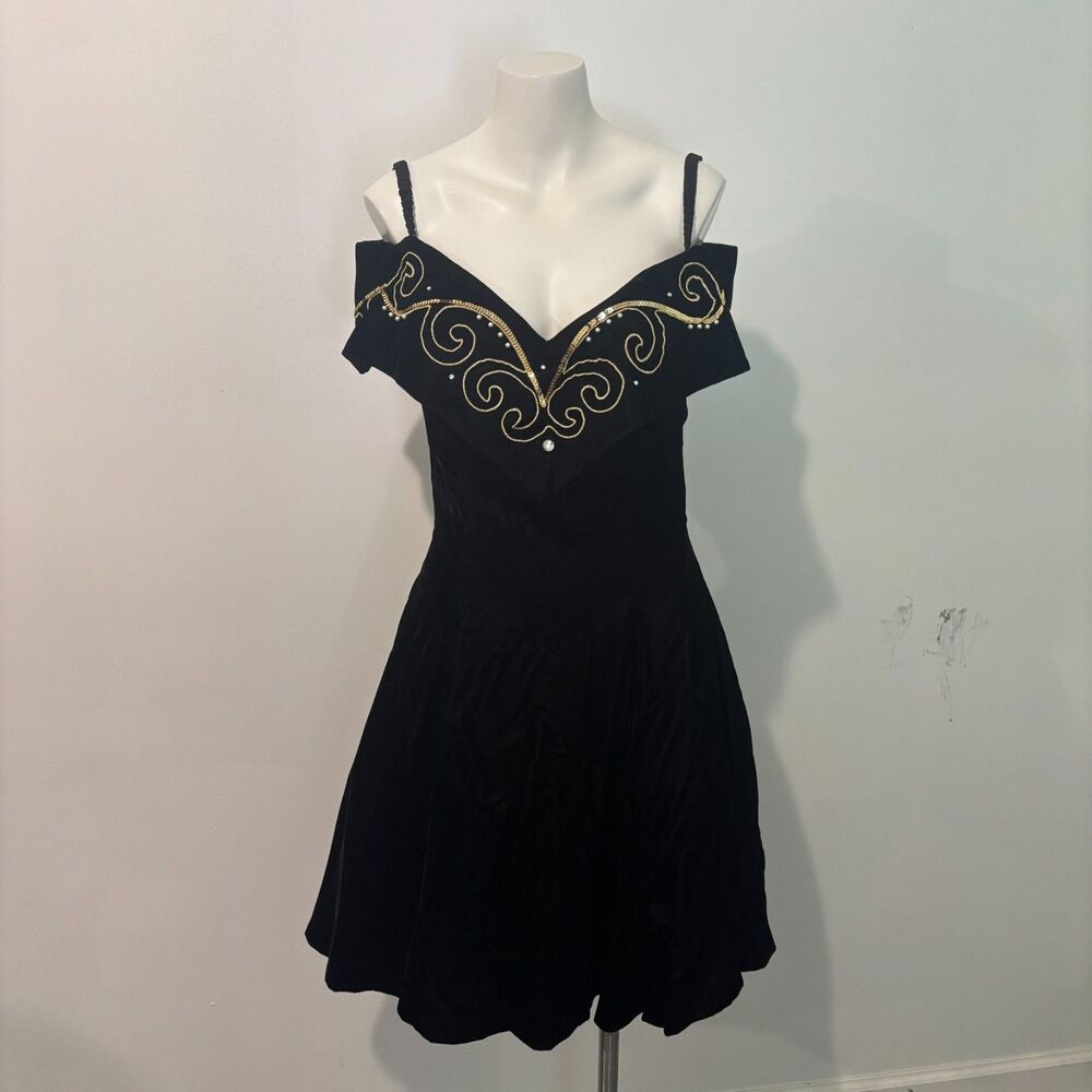 Vintage Expo Nite size 10 Black Velvet Off The Shoulder Tulle Skirt Mini Dress